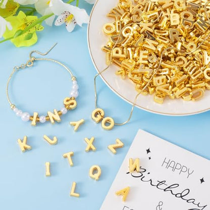 100 Pcs Gold Alphabet Letter Beads, 3D Bulk Resin Pendants | Easy Threading 3D Loose Letter Beads, Large Hole Plastic Initial Charms for Shoelace, KeyChain, Bracelet, Craft, 11×12mm - color: Gold