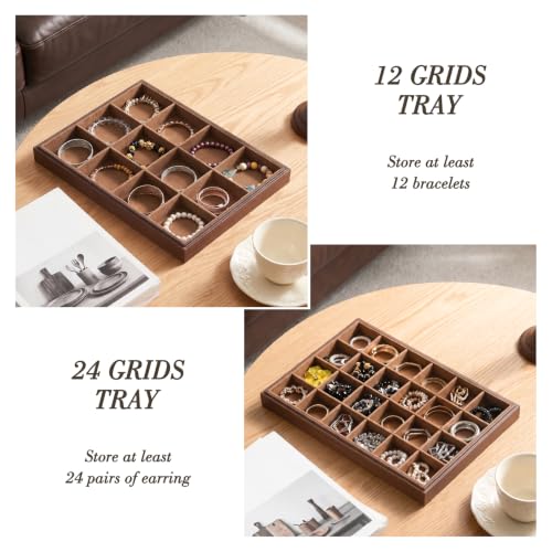 Wood Jewelry Organizer Tray, 5-Piece Set (Brown, 5Pc) | 5 Piece Jewelry Organizer Set, Large Capacity Storage, Glass Top Ring Necklace Display, Versatile Tray - size: Rings+Necklace+12Grids+24Grids+Lid