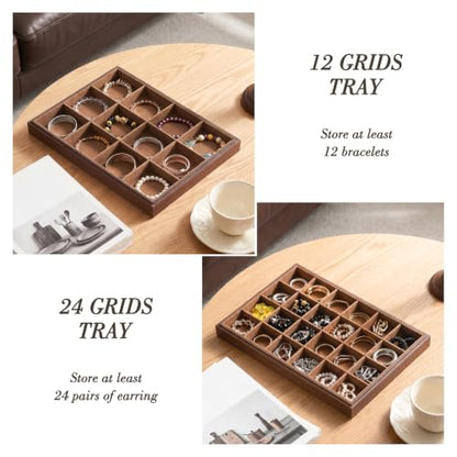 Wood Jewelry Organizer Tray, 5-Piece Set (Brown, 5Pc) | 5 Piece Jewelry Organizer Set, Large Capacity Storage, Glass Top Ring Necklace Display, Versatile Tray - size: Rings+Necklace+12Grids+24Grids+Lid
