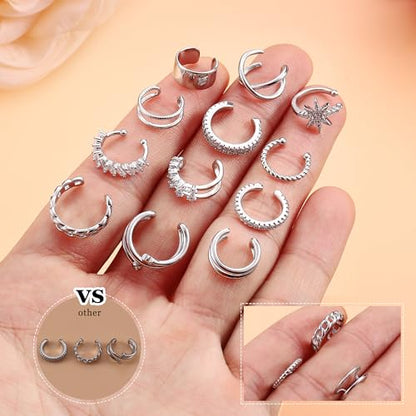 9Pcs Ear Cuff 14K Gold Plated Cuff Earrings Gold Ear Cuffs Non Pierced | Fake Conch Cartilage Earrings Ear-Clips Minimalist Non Piercing Delicate Clip-on Ear Cuffs Stackable Set - style: B-12pcs-Silver