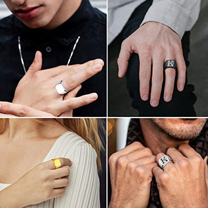 FindChic Customized Signet Photo Rings Square/Heart/Round Chunky Band Ring Stainless Steel/18K Gold Plated/Black Size 7 to 14 Personalized Jewelry for Men Women, Send Gift Box - color: 01. personalized monogram square (gold)