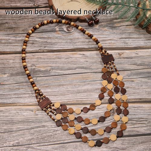 Wood Beads Necklace & Earrings for Women Chunky Multi-Layering Choker Necklace Ear Pendant - color: B