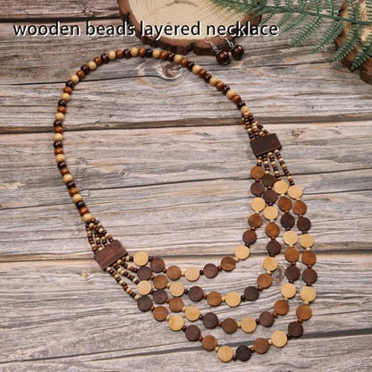 Wood Beads Necklace & Earrings for Women Chunky Multi-Layering Choker Necklace Ear Pendant - color: B