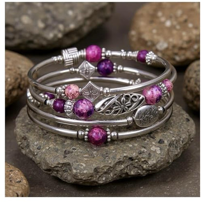 Boho Wrap Beaded Bracelet for Women – Handmade Natural Stone Jewelry – Stainless Steel Adjustable Ethnic Chic Gift - color: Purple Emperor