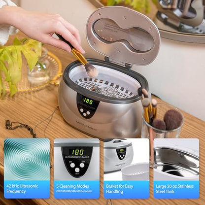 Magnasonic Ultrasonic Cleaner, 20oz Stainless Steel Tank, Digital Timer, 5 Cleaning Modes, w/ 8oz Gem & Jewelry Cleaner Concentrate Solution for All Jewelry, Eyeglasses, Watches, Dentures, Retainers - color: Silver, size: Ultrasonic Machine and Cleaning S