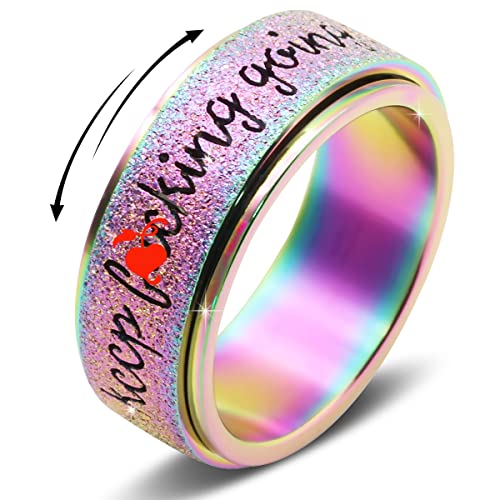 OreilleStar Titanium Stainless Steel Anxiety Ring for Women Men Fidget Spinner Ring, Size 6-12, Width 6MM, 5-Color: Rose Gold-Rainbow-Silver-Black-Blue - color: Rainbow_keep going_8mm