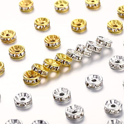 Hicarer 800 Pieces Round Rondelle Spacer Beads Crystal Rhinestone Loose Charm Beads for Jewelry Making(6 mm,Gold, Silver) - size: 6