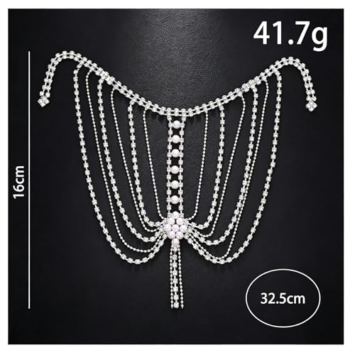 Mulit-layered Pearl Shoulder Chain Jewelry Festival Rave Rhinestone Bra Chain Sexy Bridal Wedding Crystal Arm Chain Jewelry for Women - color: Silver