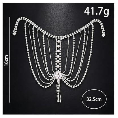 Mulit-layered Pearl Shoulder Chain Jewelry Festival Rave Rhinestone Bra Chain Sexy Bridal Wedding Crystal Arm Chain Jewelry for Women - color: Silver