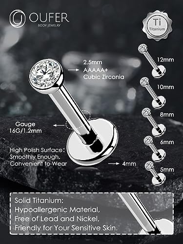 OUFER 2Pcs 20G/18G/16G G23 Titanium Threadless Nose Stud Earrings Flat Back Tiny CZ Small Nose Helix Cartilage Tragus Conch Labret Medusa Monroe Piercing Jewelry for Women Men - color: Silver, size: 2pcs, 16g 5mm, 2.5mm cz