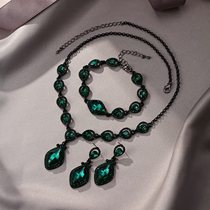 EVER FAITH Bridal Wedding Crystal Marquise Teardrop Pendant Necklace Earrings Bracelet Set for Prom - color: Green Black-Tone