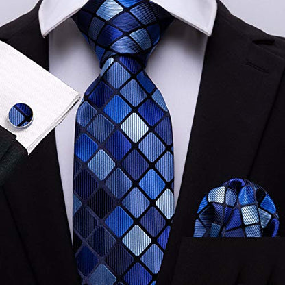 YOHOWA Men Plaid/Striped Ties Clip Set Silk Necktie Pocket Square Cufflinks | Woven Classic,Formal/Casual Mens Tie,Pocket Square Cufflinks Set,Luxury,Business,Wedding,Party,Prom,Graduation - color: A Blue Black Plaid