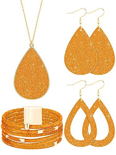 Hicarer 4 Pcs Jewelry Sets for Women Glitter Necklace and Earring Set Multi Layer Bracelet Costume Jewelry Sets for Bridal Shower Wedding - color: Orange