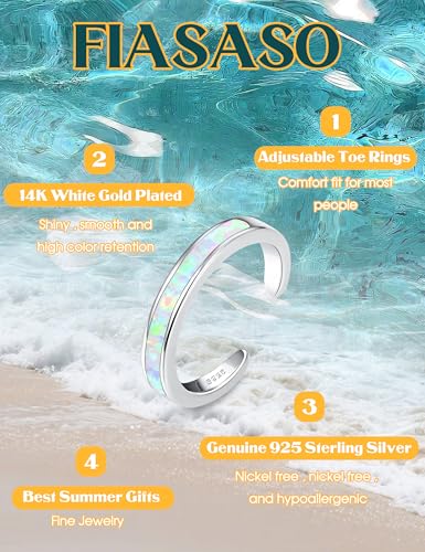 FIASASO 925 Sterling Silver Toe Rings for Women Adjustable 14K White Gold Plated Flower Cz Snake Twist Opal Band Rings Summer Beach Open Toe Rings Foot Jewelry - style: opal
