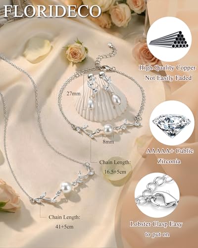 3Pcs 14K Gold Plated Pearl Bridal Jewelry Set for Women | Pearl necklace, drop earrings and bracelet set with cubic zirconia for bride bridesmaid wedding prom and party accessories - color: Silver Plated-3CZ-Pearl