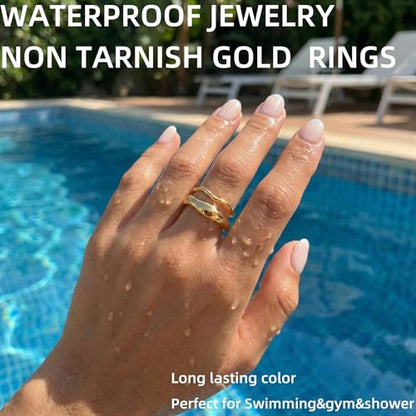 Gold Rings for Women Men Non Tarnish, Waterproof Chunky 14K Gold Plated Dainty Stackable Rings Trendy Statement Pinky Thumb Rings Engagement Eternity Wedding Band Ring Stacking Gold Jewelry Size 3 4 5 6 7 8 9 10 11 - color: Gold, size: 4.5