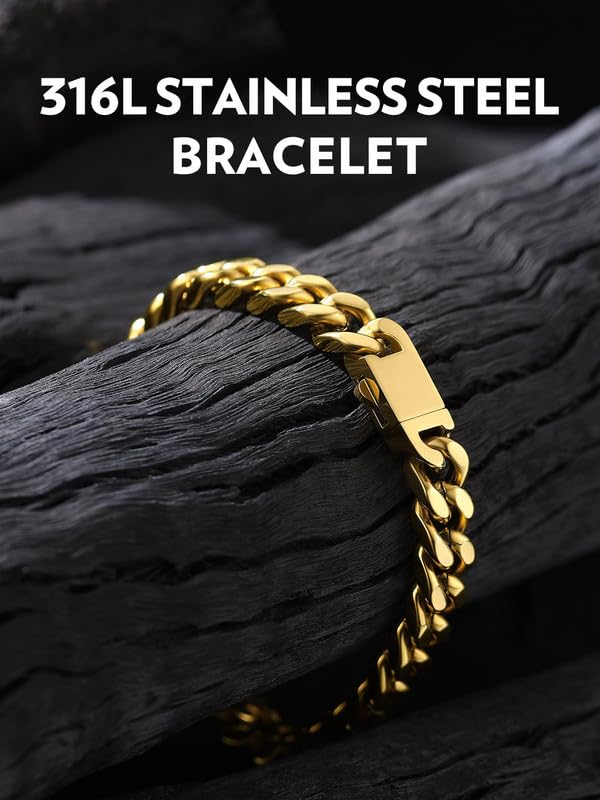 Bandmax Mens Hip Hop Cuban Link Bracelets 5/7/9/12MM Stainless Steel Miami Curb Chain Bracelet Silver/Gold Plated/Black Wristlet Chains for Men 7"-9" - color: 09 9MM-Gold