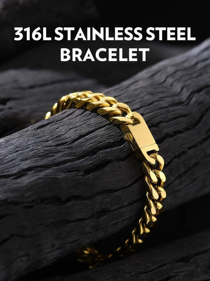 Bandmax Mens Hip Hop Cuban Link Bracelets 5/7/9/12MM Stainless Steel Miami Curb Chain Bracelet Silver/Gold Plated/Black Wristlet Chains for Men 7"-9" - color: 09 9MM-Gold