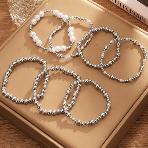 KISS WIFE Gold Beaded Bracelets for Women, Stackable Stretch Bracelet Set | 13 stretch bracelets combine polished gold-tone beads and faux pearls for stacked or individual everyday styling. - color: Silver