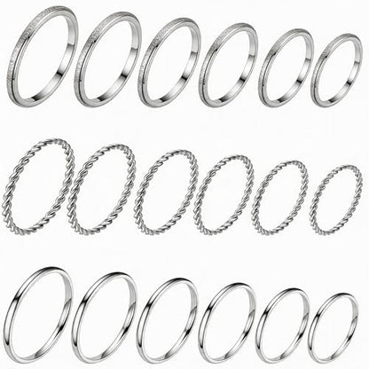 2mm 18Pcs No Tarnish Stainless Steel Thin Rings | PVD Gold Plated, Fadeless, Waterproof, High Polish, Hypoallergenic - color: Silver