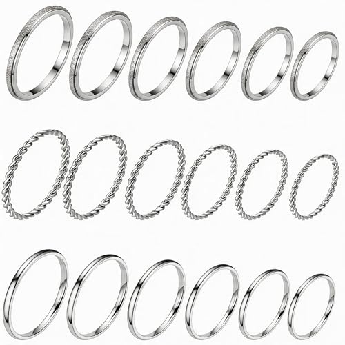 2mm 18Pcs No Tarnish Stainless Steel Thin Rings | PVD Gold Plated, Fadeless, Waterproof, High Polish, Hypoallergenic - color: Silver