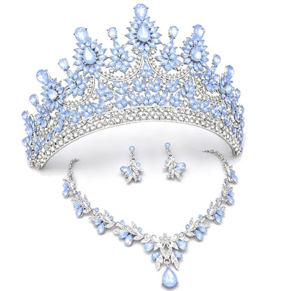 Crowns and Tiaras Jewelry Set for Women.Wedding (Gold Green) | Wedding Crown, Necklace Earrings, Princess Queen Birthday Party, Pageant Bridal, Costume Accessories - color: Opal Blue