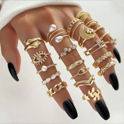 CHICUTIE Gold Knuckle Rings Set For Women Stackable Joint Finger Midi Rings Dainty Cubic Crystal Zirconia Simple Hollow Twist Cute Rings Pack Jewelry Gift - style: 52pcs Gold