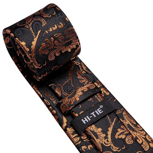 Hi-Tie Men's Silk Ties Formal Woven Classic Necktie Pocket Square Cufflinks Lapel Pin Set Wedding Business - color: Black and Copper