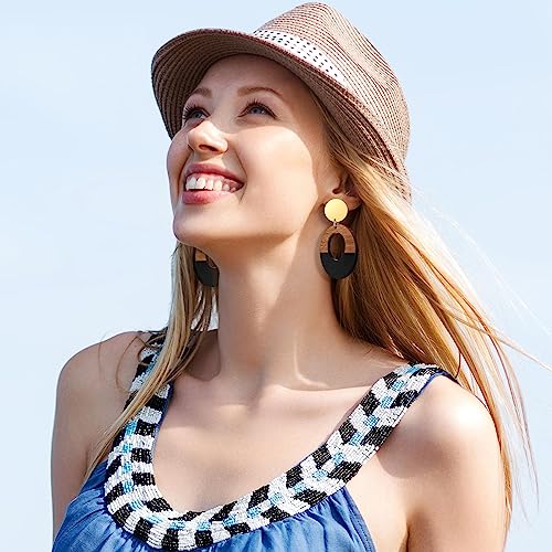 Wooden Geometric Clip On Earrings Women Gold Black Wood Non Pierced Ears Dangle Drop Earrings Triangle Leaf Comfortable Clip Earrings Jewelry - color: Circle_Black+Gold