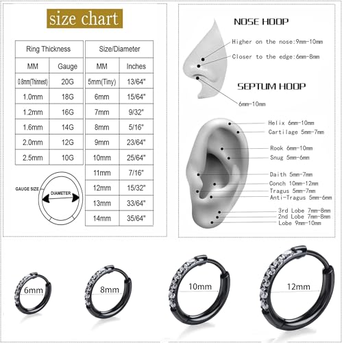 Hypoallergenic Unisex Surgical Steel Small Cubic Zirconia Huggie Hoop Earring, Color Gold - Silver - Rose Gold - Black - Rainbow, Size 6mm- 12mm Safe for Sensitive Ear - style: A01 : 6MM Black Hoops(2mm thickness)