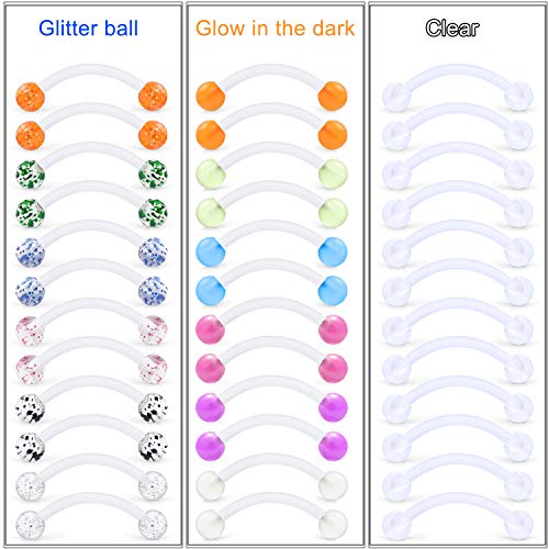 16G Clear Plastic Curved Barbells Eyebrow Ring Snake Eyes Tongue Rings Acrylic Bioflex Cartilage Helix Tragus Earrings Nipple Belly Lip Ring Piercing Retainer Length 6mm 8mm 10mm 12mm 36pcs - color: Glow In The Drak 10mm