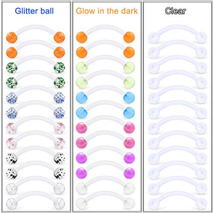 16G Clear Plastic Curved Barbells Eyebrow Ring Snake Eyes Tongue Rings Acrylic Bioflex Cartilage Helix Tragus Earrings Nipple Belly Lip Ring Piercing Retainer Length 6mm 8mm 10mm 12mm 36pcs - color: Glow In The Drak 8mm