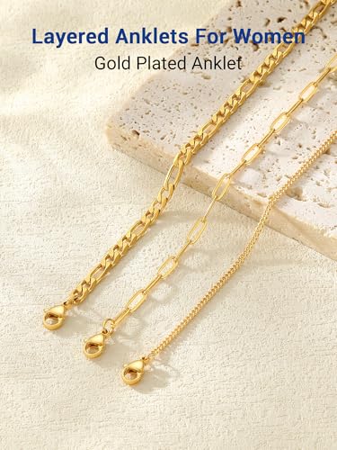 PROSTEEL Ankle Bracelets for Women, Silver/Gold/Black, Waterproof Anklets | Waterproof, Stainless Steel, Summer Beach Jewelry, Durable & No Tarnish, Come with Gift Box, 8-10.5" Adjustable, Plus Size - color: M: gold-3pcs