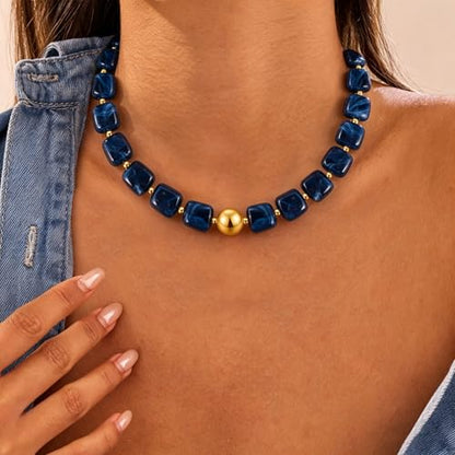 VIBILIA Boho Beaded Chunky Statement Necklace for Women Y2K Summer Jewelry | Boho Handmade Large Resin Bead Strand, Trendy Statement Summer Vacation Holiday Jewelry - color: Square-Navy blue