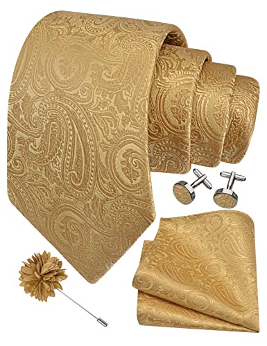 GUSLESON 3.15"（8cm） Mens Tie and Lapel Pin Paisley Necktie Hankerchief Cufflinks Set for Men - color: Gold