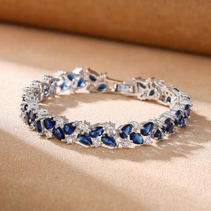 Crysdue Marquise Teardrop Cubic Zirconia Wedding Bridal & Prom Tennis Bracelets for Brides Bridesmaids, Silver/Gold/Rose Gold Plated Bracelet Gifts for Women - style: A_Blue Silver Tone 7.5"