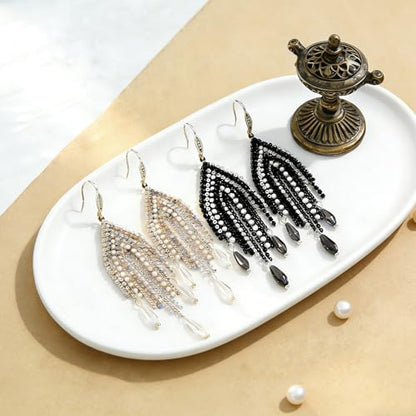 Fringe Dangling Tassel Earrings for Women, Handcrafted Chandelier Long Bohemian Beaded Cubic Zirconia Crystal Imitation Pearls Inlay Statement Boho Chain Hook Earrings for Wedding Party - color: Black Gold Hook