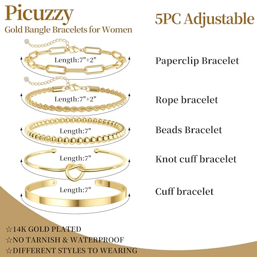 14K Gold Plated Stackable Bangle Bracelets Set for Women | Cuff Bracelet Stackable Bangles Bracelet for Women Trendy Fashion Accessories Tie Knot Cuban Rope Paperclip Beaded Bracelets - color: 5-layer A GD"