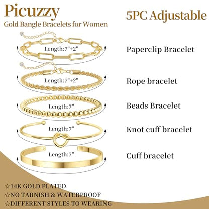 14K Gold Plated Stackable Bangle Bracelets Set for Women | Cuff Bracelet Stackable Bangles Bracelet for Women Trendy Fashion Accessories Tie Knot Cuban Rope Paperclip Beaded Bracelets - color: 5-layer A GD"