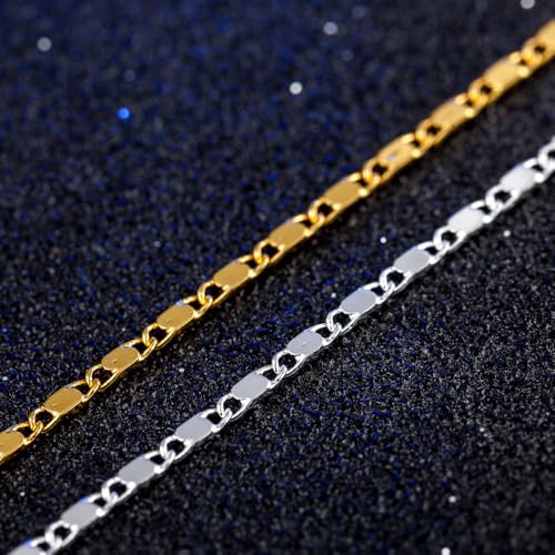Gold Silver Necklace Chain With Adjustable Lobster Clasp, Diamond Cut Geometric Gold Beads Stationed on Dainty 2mm Cable Box Chain, 16 Inches Rolo Oval Figaro Link Singapore Chain. - color: Gold02