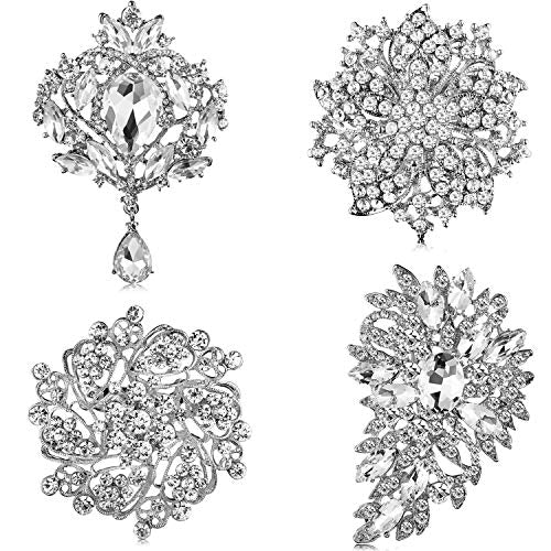 Geyoga 4 Pcs Rhinestone Brooches for Women Silver Diamond Pins Vintage Jewelry for Banquet Wedding Bridal Shower Gift