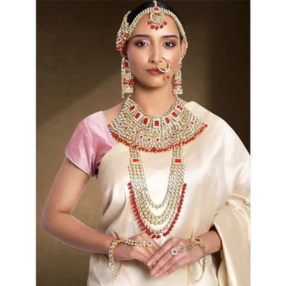 Aheli Traditional Wedding Indian Bharatanatyam jewellery set Long Choker Necklace Earrings Maang Tikka Nath Paasa Hath Phool for Women - color: Red
