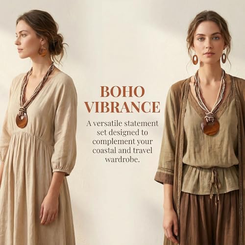 Coiris Multi Strand Statement Colorful Beaded Necklace with Big Circle Shell Pendant for Women - color: Dark Brown