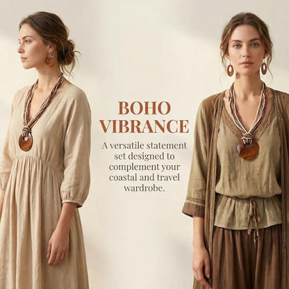 Coiris Multi Strand Statement Colorful Beaded Necklace with Big Circle Shell Pendant for Women - color: Dark Brown