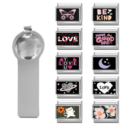 Loozykit Italian Charm Bracelet Silver 9mm Stainless Steel Bulk Charms | Women's Italian Style Charms, DIY removable Bracelets Set with Opening Tool and 10 Modules, Handmade Jewelry Gift for Girls - color: Dark Pink Reverie