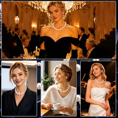 4 Pcs Pearl Necklace Set for Women, Large Faux Pearls Jewelry with Earrings Bracelet, Collar De Perlas Accessories Para Mujer