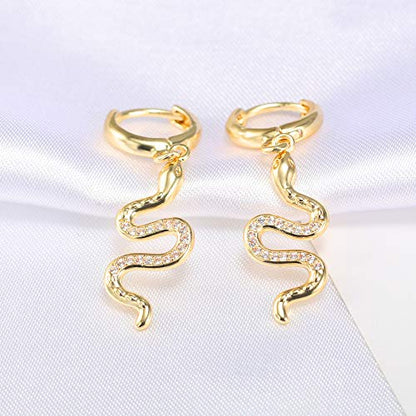 XYJZXY Gold Huggie Small Hoop Earrings with Charm Personalized Snake/Evil Eye/Star/Cross/Lock/Key 18k Gold Plated Crystal Drop Dangle Earrings for Women - style: Snake
