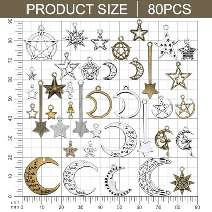 Hicarer 80 Pieces Antique Silver Pendants Gothic Charms Halloween Charms Pendants Jewelry Making Accessory for DIY Necklace Bracelet - style: Sun,Moon,Stars
