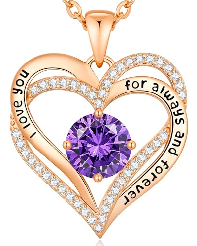 CDE Engraved Forever Love Heart Birthstone Necklace Jewelry Gifts for Women | Hypoallergenic,Nickel-Free & Lead-Free,3 x 3 mm 5A CZ Heart Pendant,Anniversary Christmas Birthday Gift for Girlfriend Wife - color: 02-Feb, style: Rose Gold Plated
