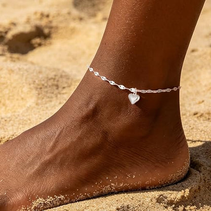 Ritach Gold/Silver Ankle Bracelets for Women 14K Gold Anklets for Women Waterproof Cuban Link Heart Bead Anklets Set Layered Anklet Bracelets for Women Gold Jewelry Gift - color: Silver heart